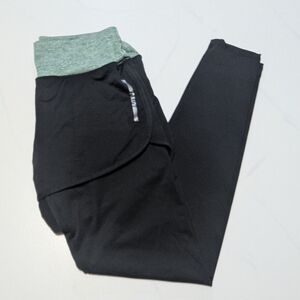 Women's Running Black Leggings With Skirt, Green Trim, Size M